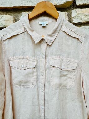 SUNDANCE Catalog Light Peach Tan 100% Linen ButtonUp Long Sleeve Size L
